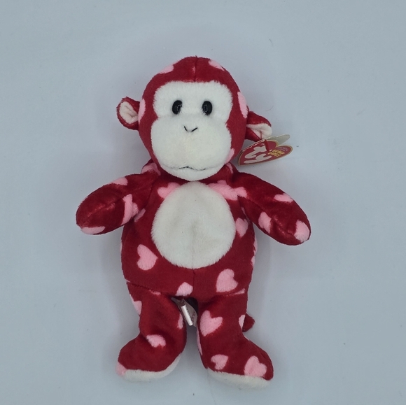 Ty Beanie Baby Bliss The Monkey Red w/ Pink Hearts Plush - Picture 2 of 7